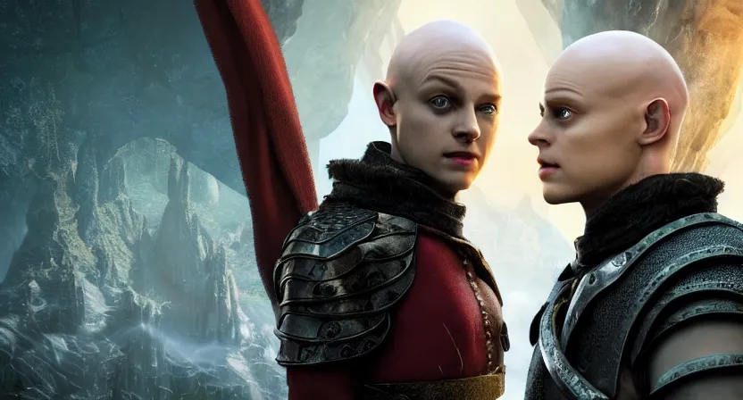 Image similar to promotional image of dane dehaan as a bald elf in dragon age : inquisition, hyperrealistic, detailed face, movie still, promotional image, imax 7 0 mm footage