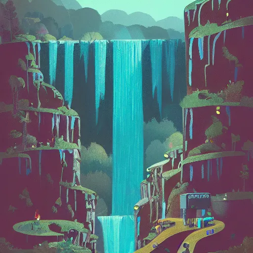 Image similar to landscape art of a waterfall in the shape of a giant printer in the style of Simon Stålenhag, digital art trending on Artstation