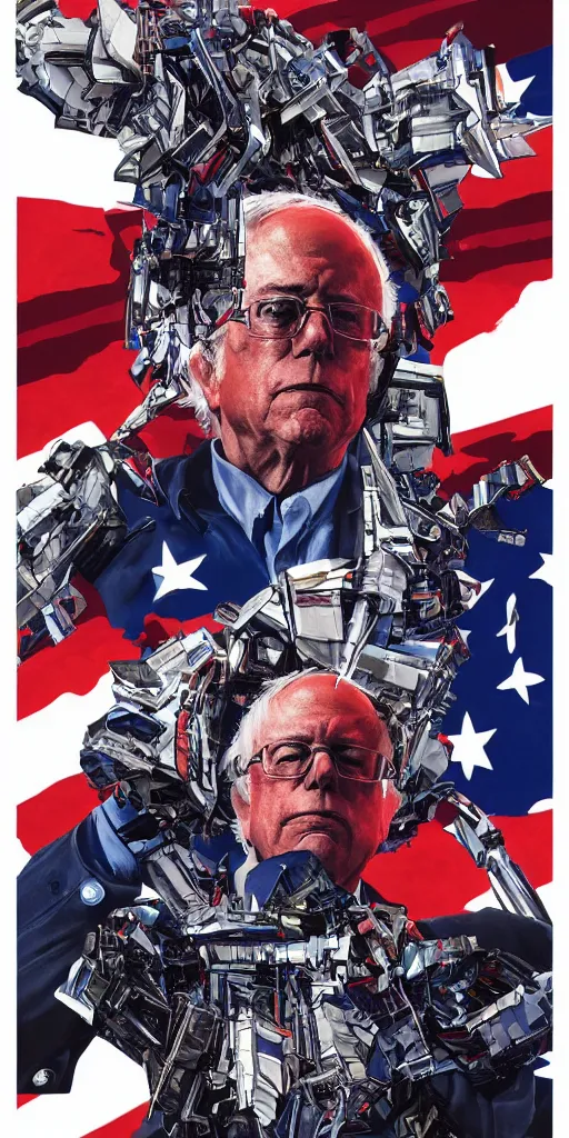 Image similar to poster of Bernie Sanders as Mecha president, campaign print, MARVEL comics and Sandra Chevrier, digital art, detailed, realistic, trending on artstation, 4k,