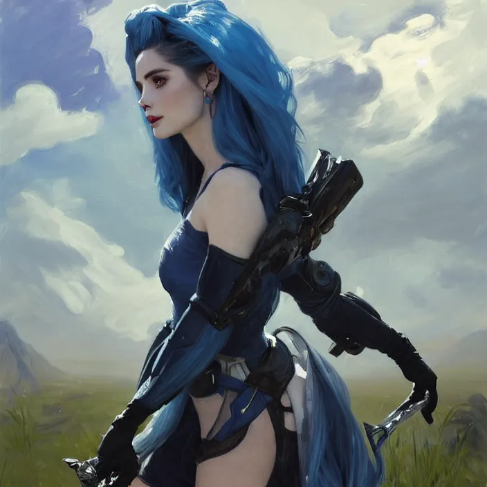 Image similar to portrait of a combination of Ashley Greene, Adriana Dxim, Grace Kelly and Lily Collins with blue hair in Warframe armor, countryside, calm, fantasy character portrait, dynamic pose, above view, sunny day, thunder clouds in the sky, artwork by Jeremy Lipkin and Giuseppe Dangelico Pino and Michael Garmash and Rob Rey and Greg Manchess and Huang Guangjian, very coherent asymmetrical artwork, sharp edges, perfect face, simple form, 100mm