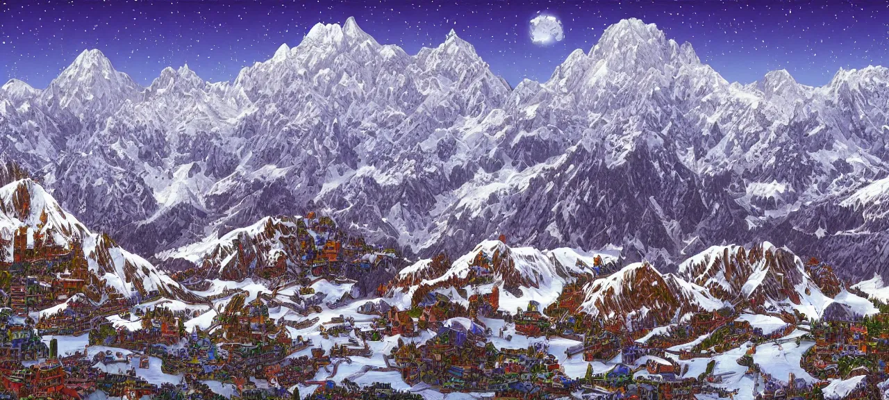 Prompt: background bright snowy huge Mountain alps Himalayas In the art style of Victor Nizovtsev and H. R. Giger