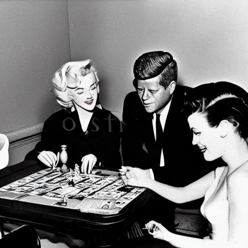 Image similar to a highly detailed photo of marilyn monroe and jfk playing yu - gi - oh, antique photo