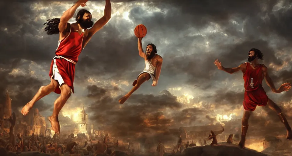 Image similar to biblical scene of jesus dunking a basketball versus satan, michaelangelo, matte painting, concept art, 4 k