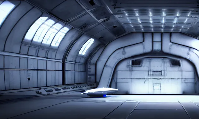 Prompt: digital painting, octane render, high quality, unreal engine 5, spaceship in hangar