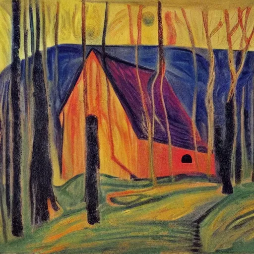 Image similar to a painting of a Eerie cabin in the middle of the woods in the Edvard Munch