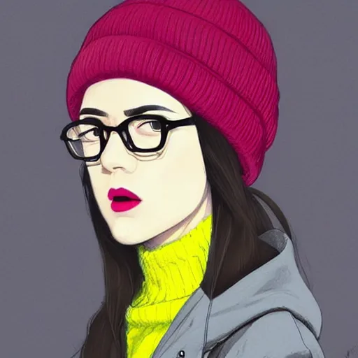 Prompt: girl wearing a ( ( ( ( funky yellow bubble jacket ) ) ) ), green beanie, gray shirt, thick eyebrows, dark red lips, ( ( ( round eyeglasses ) ) ), highly detailed, geek, synth wave, digital painting, artstation, concept art, smooth, sharp focus, illustration, art by artgerm and greg rutkowski and alphonse mucha