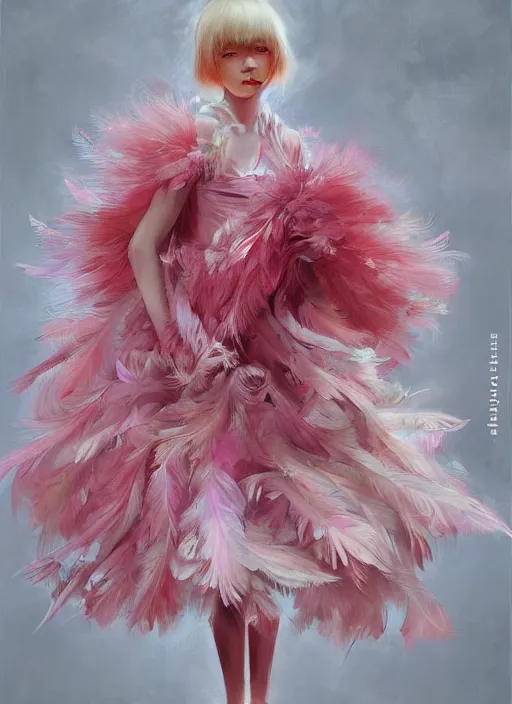 Prompt: beautiful little girl with an pink eccentric haircut wearing an dress made of feathers dancing on stage, artwork made by ilya kuvshinov, inspired in donato giancola, hd, ultra realistic, reflection, flowers, light, realistic face, bird