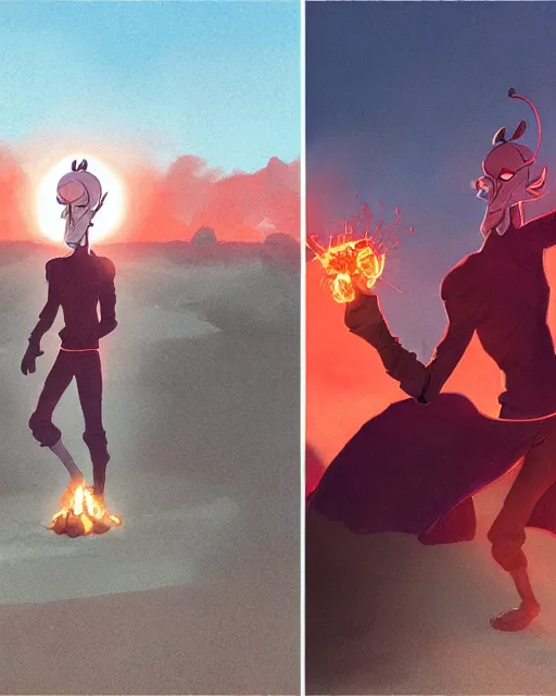 Image similar to squidward with [ [ [ [ [ [ four legs ] ] ] ] ] ] wearing fire nation clothing and practicing firebending outside at susnset, [ greg rutkowski ]