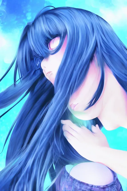 Prompt: close up portrait of an anime girl crying, blue long hair, digital illustration, dramatic lighting, by mai yoneyama, blurred background