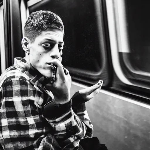 Prompt: pete davidson smoking crack on the subway, 4k, photorealistic, 35mm, n 9