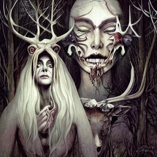 Image similar to an epic horrific wiccan gothic painting of a mother - nature witch cult woman wearing a deer skull, in a moonlit forest by gerald brom by junji ito by vanessa lemen by charlie bowater