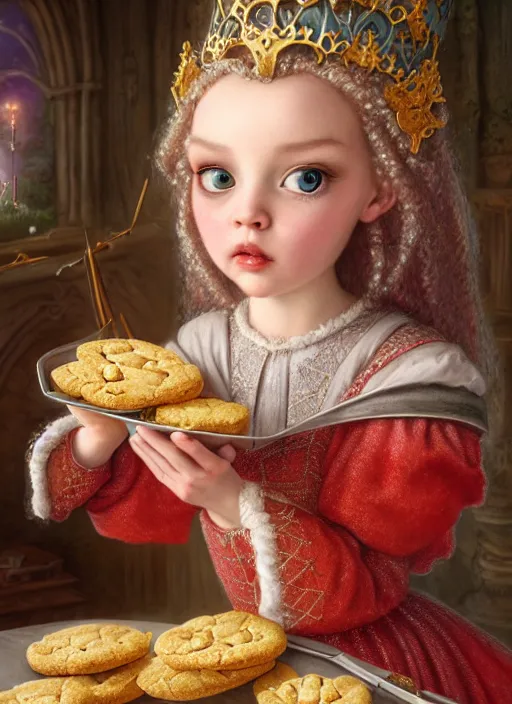 Image similar to highly detailed closeup portrait of a fairytale medieval princess eating cookies, unreal engine, nicoletta ceccoli, mark ryden, lostfish, earl norem, global illumination, god rays, detailed and intricate environment