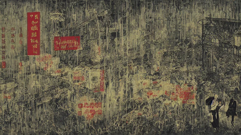 Prompt: a chinese prison near a river by peter doig, acid and grey colors, overlaid with chinese adverts