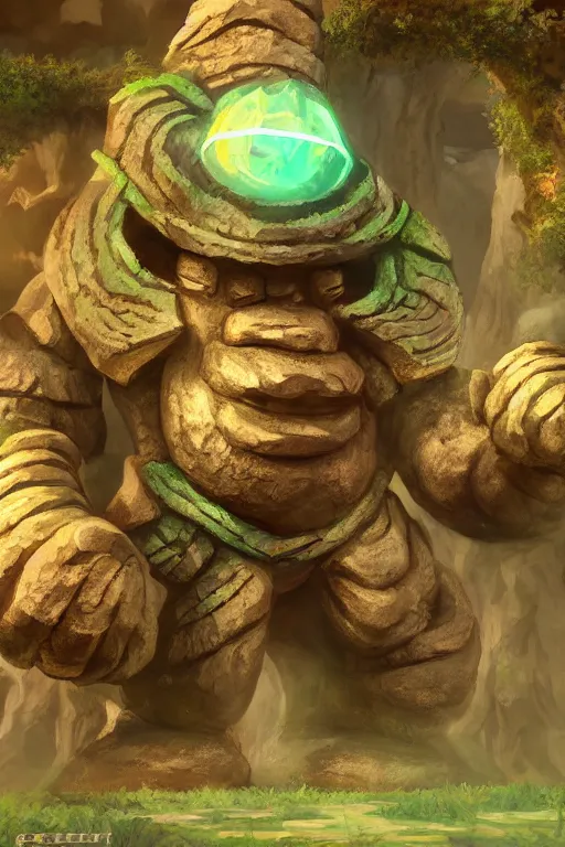 Image similar to zelda fantasy art giant golem troll wood rock greeble gemstone, global illumination ray tracing hdr fanart arstation by sung choi and eric pfeiffer and gabriel garza and casper konefal