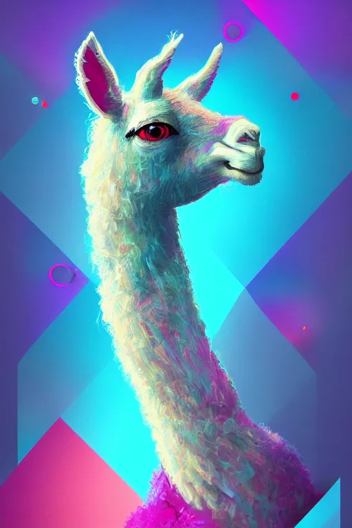 Image similar to vivid 3D animated designscapes with bursts of radiant particles–building an ethereal llama portrait, professional concept art, trending on artstation, geometric llama