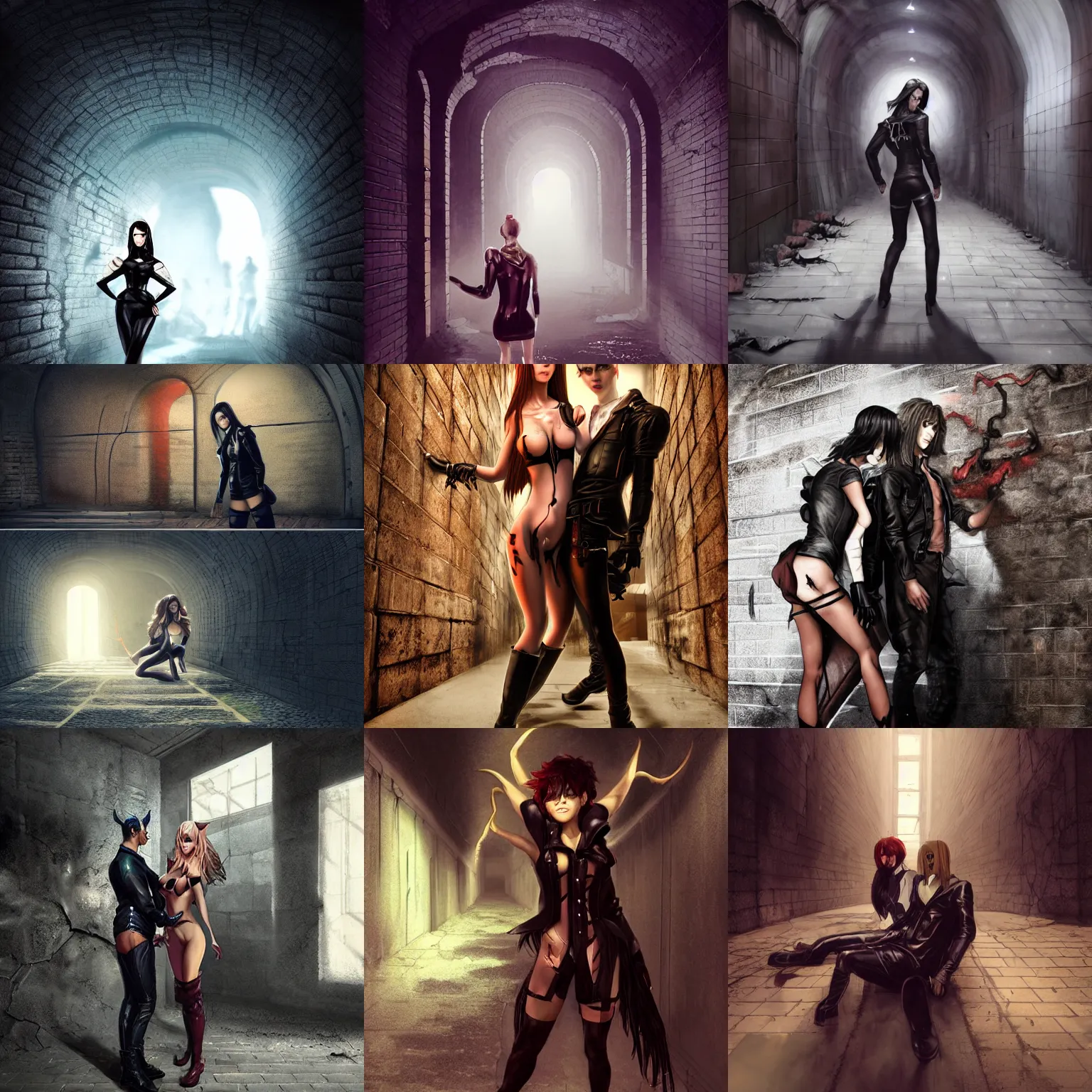 Image similar to a school boy and intimidating by a succubus in a leather suit leaning on a cracked brick wall, devil wings, long hallway, seductivelight at the end of the tunnel, volumetric lighting, concept art, detailed, dramatic lighting, by wlop, artgerm