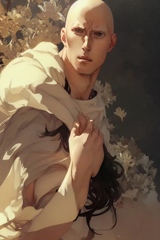 Image similar to A full portrait saitama, anime, intricate, elegant, highly detailed, digital painting, artstation, concept art, smooth, sharp focus, illustration, art by Krenz Cushart and Artem Demura and alphonse mucha