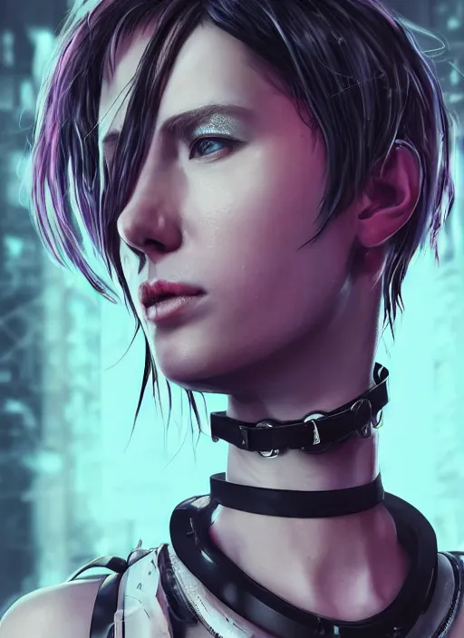 Image similar to detailed realistic female character cyberpunk wearing thick technological collar around neck, realistic, art, beautiful, 4K, collar, choker, collar around neck, punk, artstation, detailed, female, woman, choker, cyberpunk, neon, punk, collar, choker, collar around neck, thick collar, tight around neck, punk,