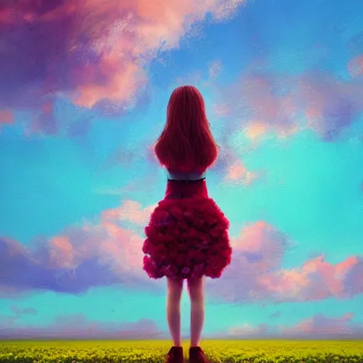 Prompt: head made of carnations flower, girl standing in a vast flower field, surreal photography, sunrise dramatic light, impressionist painting, colorful clouds, large sky, digital painting, artstation, simon stalenhag, flower face