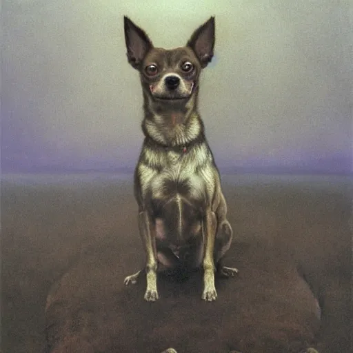 Image similar to an ominous beksinski painting of an enormous Chihuahua, 8k