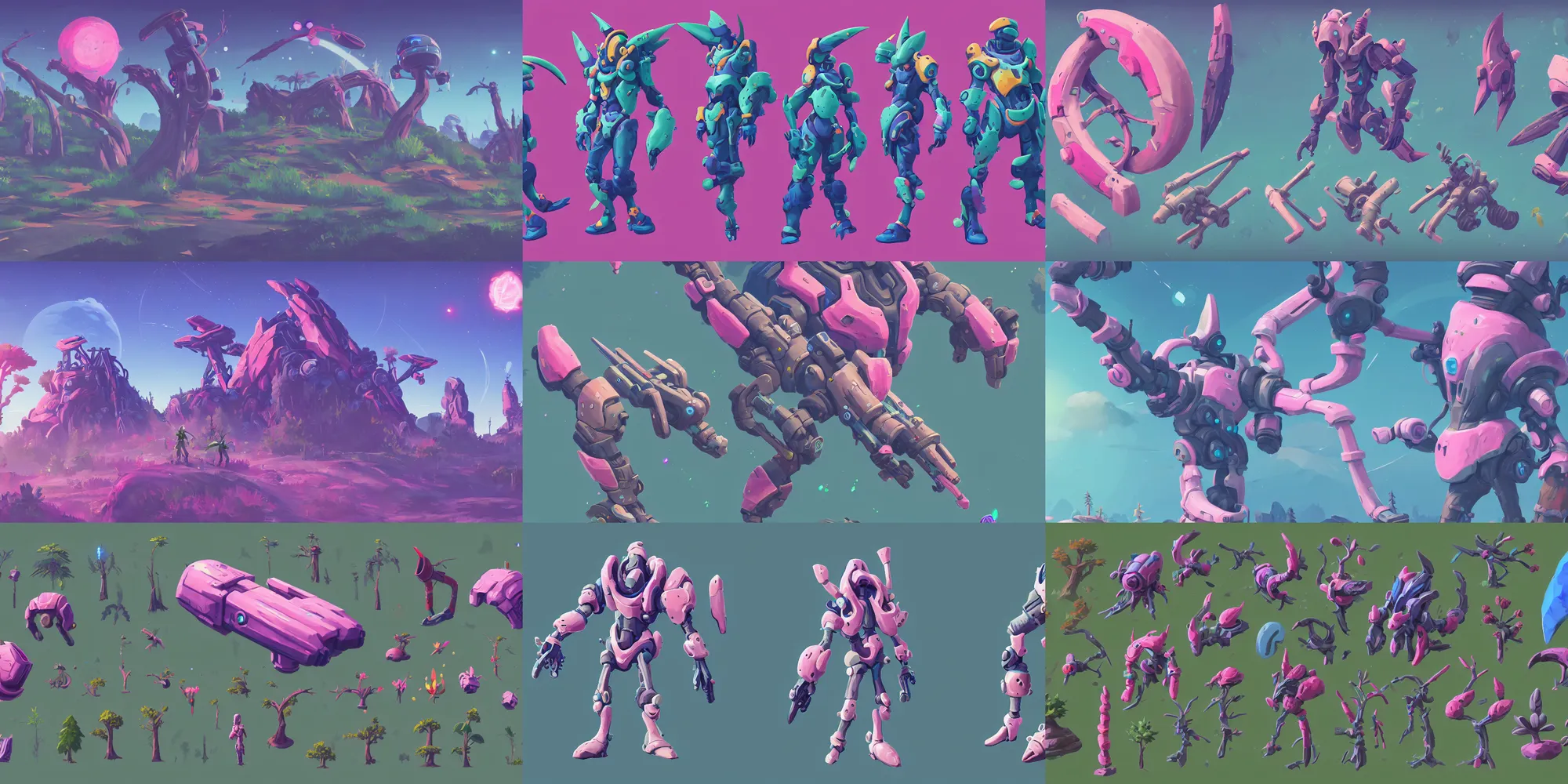 Prompt: game asset of plant and tree, in gouache detailed paintings, props, stylized, png, sprites, kitbash, side view, 2 d, photobash, arcane, overwatch, blue and pink color scheme, futuristic, no mans sky, sci - fi, 8 k, close up