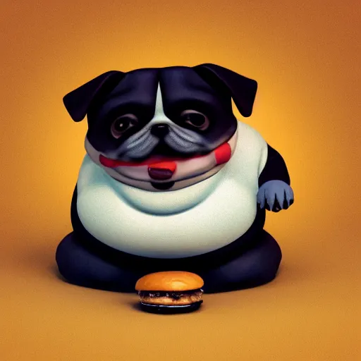 Image similar to An obese dog holding a hamburger, sitting on a grimy, dirty couch, trending on artstation, 4k, 8k, artstation 3d, artstation render, artstation 3d render, 3d art, unreal engine 3d, octane 3d, blender 3d, 3d landscape