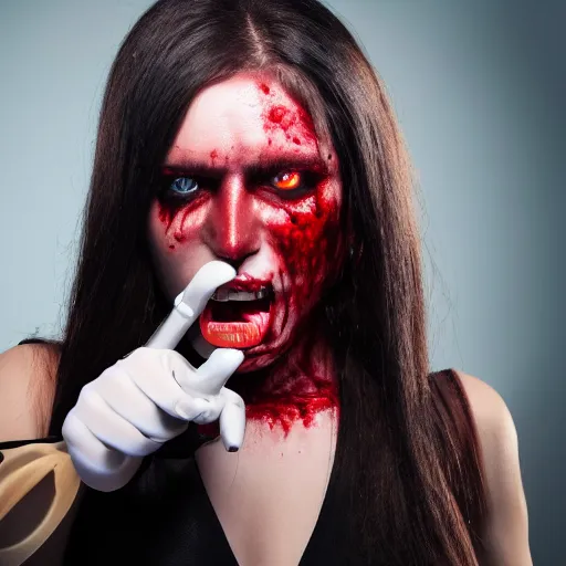 Prompt: portrait photo of a female cyborg vampire blood coming from the mouth and eyes