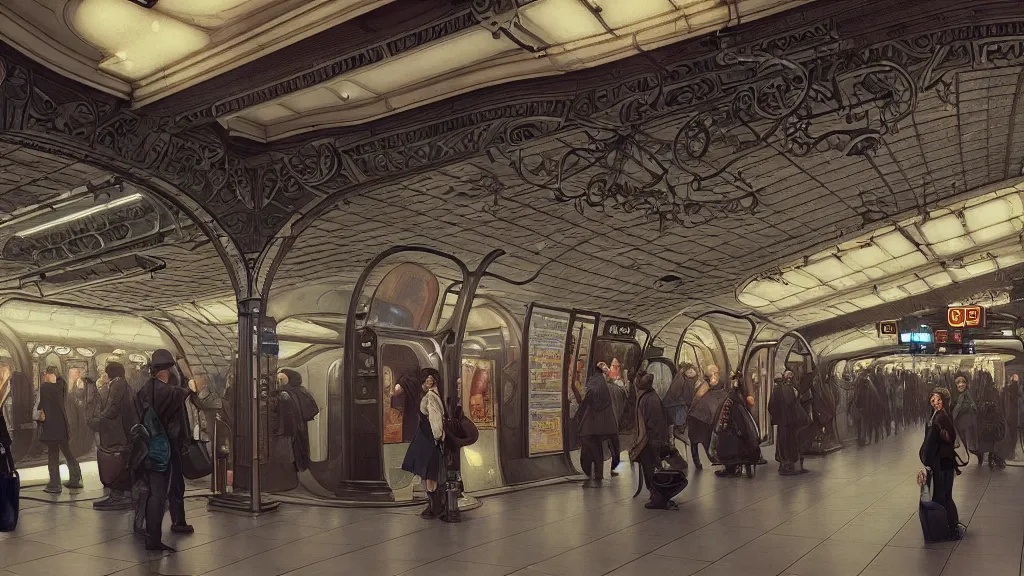 Prompt: subway station with black curved iron pillars, arriving subway train!!!, passengers waiting on the platform, low angle, (((((steampunk))))), detailed intricate octane renderer, 8K sparsely lit art by artgerm and greg rutkowski and alphonse mucha