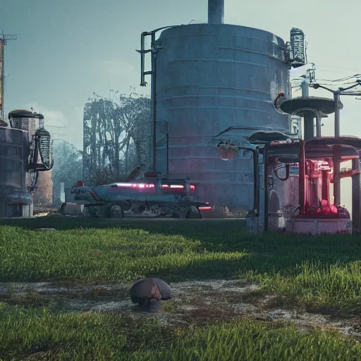 Prompt: fully detailed landscape of a cyberpunk farm , watertank, futuristic tractors, farmhouse, mushroom, overgrowth, Ai , in the future, high quality, 8k , octane render