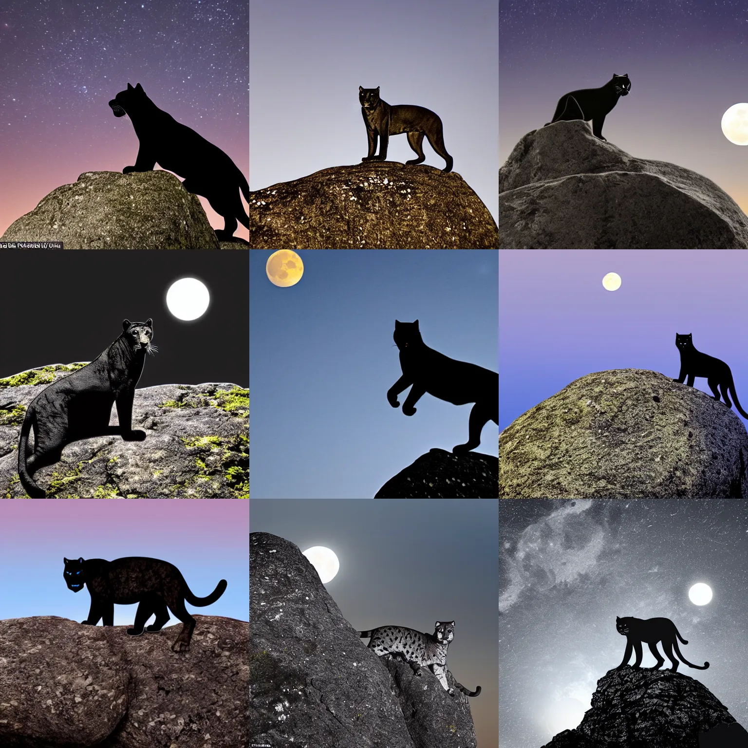 Prompt: a panther on a granite rock outcrop in dartmoor national park, silhouetted by a full moon