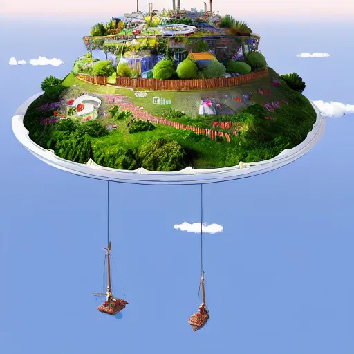 Image similar to Floating island in the sky, engines of the ship stick out on the sides, on top of that a small city what produces emissions.