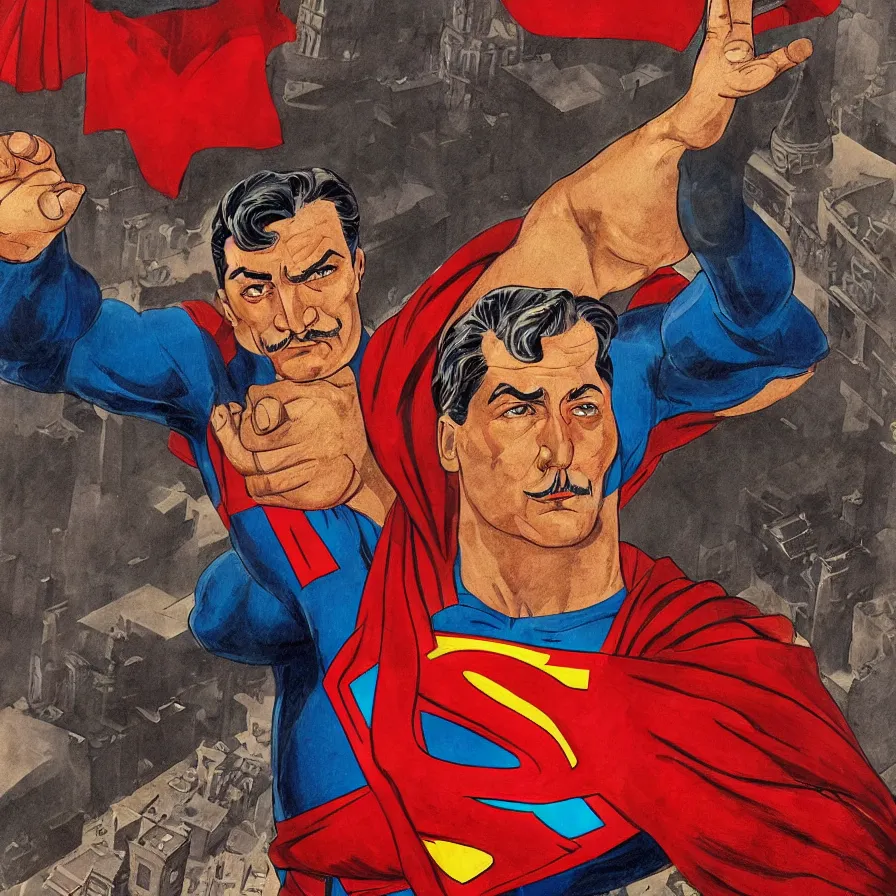 Image similar to epic visual development art of stalin as superman flying over moscow, waving at the camera, socialist realism, soviet nostalgia, sovietwave, ultrarealistic, hyperdetailed, intricate digital art, trending artstation, rich moody colors, fan art, concept art, in the style of the red son, by robert kirkman