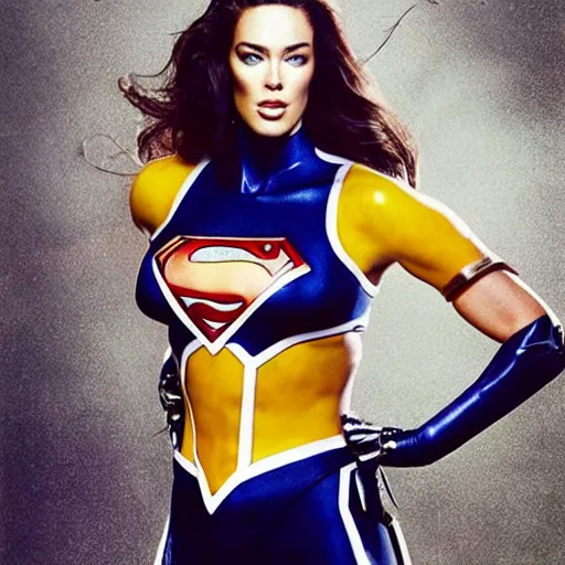 Image similar to photograph of Megan Gale as a super hero, highly detailed, photographed by Annie Leibovitz .