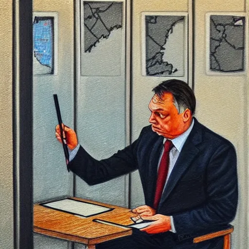 Prompt: viktor orban drawing a map in a cubicle, oil painting