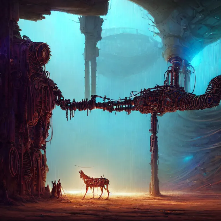 Image similar to A techno-magical male-shaman in shamanistic robes performs a ritual to resurrect a mechanical horse in a huge steel ancient ruins covered of dunes of sand. Art by Finnian MacManus, Simon Stalenhag. Masterpiece, fantasy art, cinematic, hyperdetailed, sigils, photorealistic, cyberpunk, postapocalyptic, steampunk, hyperrealism, octane render, 8k