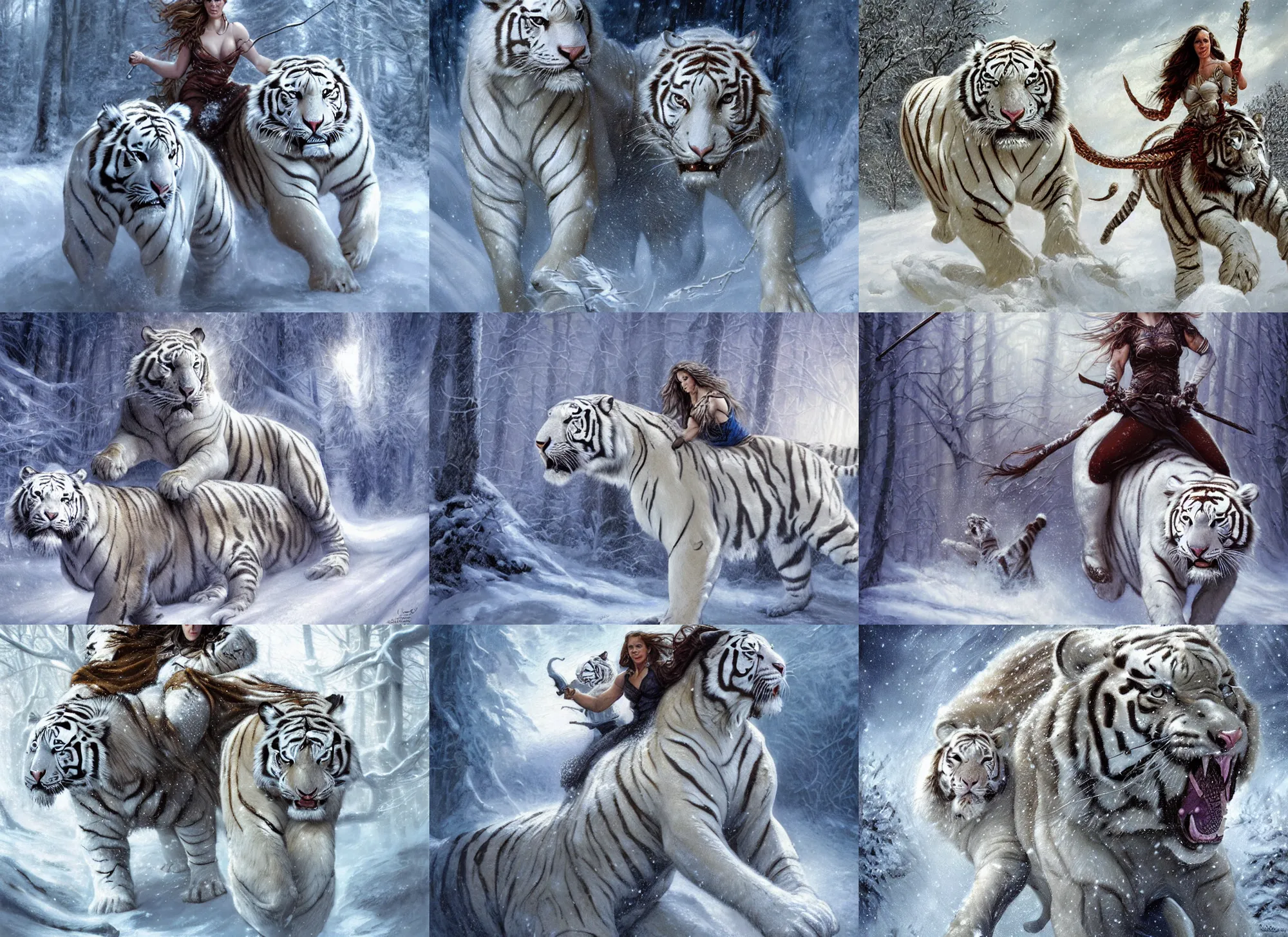 Image similar to portrait of muscled Jennifer Connelly riding a fierce large white tiger, wintery scene, snow storm, Donato Giancola, Mark Brooks, Ralph Horsley, Charlie Bowater, Artgerm, Christopher Balaskas, Bastien Lecouffe-Deharme