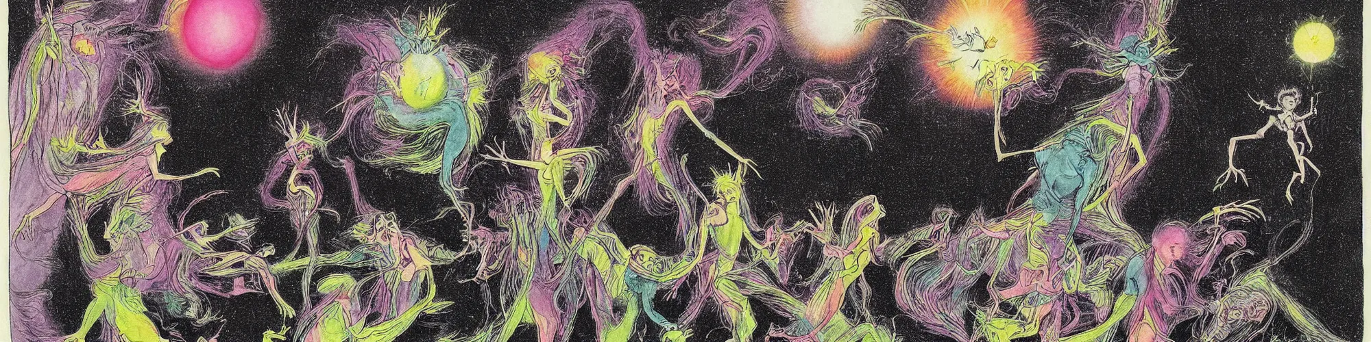 Image similar to dawn of creation ; first atom ; beings of light and darkness ; ethereal plane. bright neon colors. illustrated by maurice sendak and stephen gammell and junji ito and dr seuss