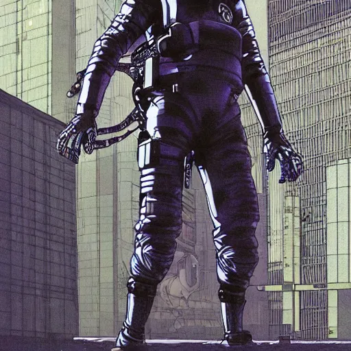 Image similar to cyberpunk japanese man with long limbs and a black spacesuit on a spacewalk, techwear, Industrial Scifi, detailed illustration, character portrait, by Martin Grip and Moebius