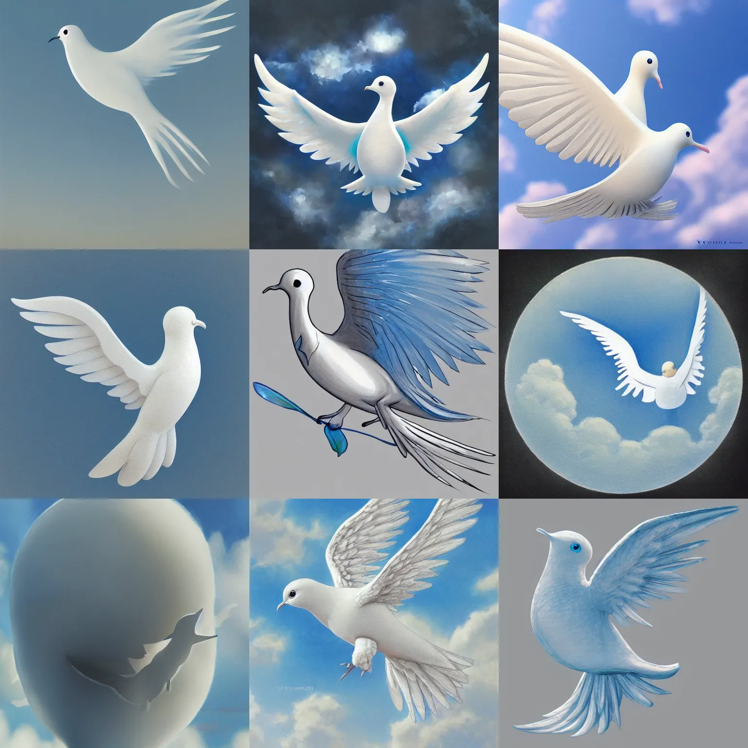 Prompt: a peace dove, light colors, blue sky, highly detailed, by yoshitaka amano and shinji aramaki and ayami kojim, trending on artstation