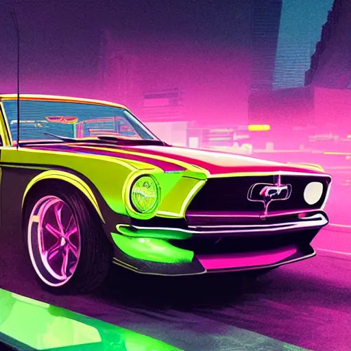 Image similar to a detailed render of a neon colored batmobile in a 1 9 6 7 ford mustang fastback, vector art, art by artgerm and greg rutkowski and alphonse mucha, cyberpunk city, rainy city streets, god rays, intricate detail, cinematic, 8 k, cel shaded, unreal engine, featured on artstation, pixiv