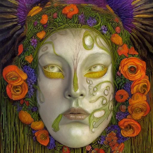 Image similar to masterpiece painting of a facemask made of flowers, by annie swynnerton and jean delville and tino rodriguez and diego rivera, flower mask, flower shaman, spooky dark psychedelic, symbolist, dramatic lighting, god rays, elaborate geometric ornament, clean crisp graphics, soft cool colors, smooth sharp focus, extremely detailed