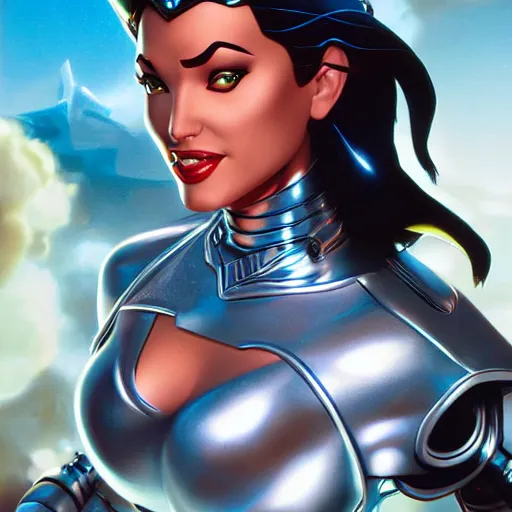 Image similar to high detailed close up of, energetic female cyborg Disney princess Jasmine, wearing futuristic cybernetic battle armor, balance composition, dramatic lighting, 8k, painted by Alex Ross