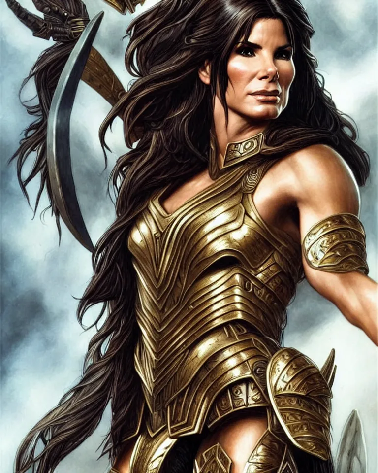Image similar to a young sandra bullock as an amazon warrior, tall and beautiful with brown skin and long hair, dressed in hellenistic body armor, intricate, elegant, highly detailed, smooth, sharp focus, detailed face, art by ardian syaf