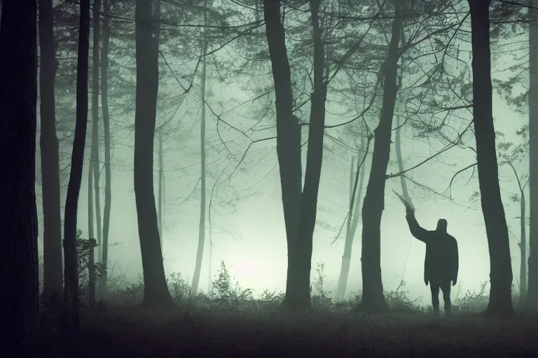 Prompt: a man in the woods with tendrils for limbs, atmospheric lighting, fog, backlight, silhouette, 4 k, haunted