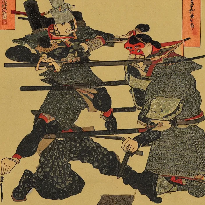 Image similar to a samurai firing a machine gun