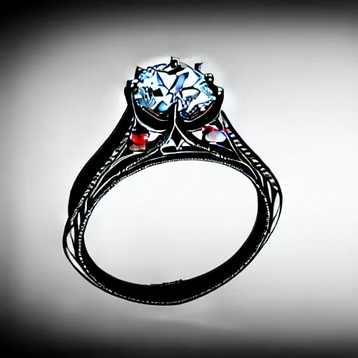 Image similar to sketch of engagement ring with two smaller diamonds outside and one bigger diamond in the middle, detailed, concept art, victorian, schematics, fashion