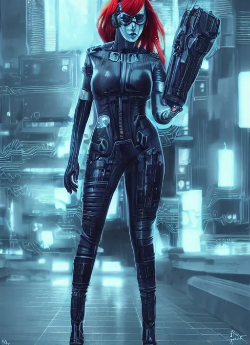 Image similar to a full body beautiful woman with red hair and blue eyes, wearing a cyberpunk outfit by hr giger, artgerm, sakimichan, weapons, electronics, high tech, cyber wear, latex dress, batwoman, bandage, concept art, fantasy, cyberpunk