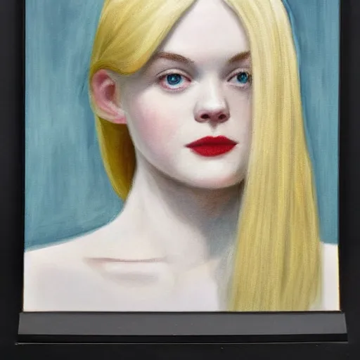 Prompt: Painting of Elle Fanning in a noir movie, long blonde hair, delicate, pale milky white porcelain skin, by Edward Hopper. 8K. Extremely detailed.