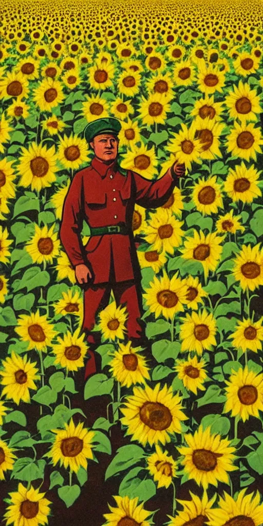 Image similar to Communist Propaganda Poster of a soldier in a sunflower field.