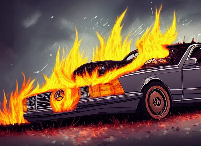 Image similar to burning wrecked mercedes 1 2 4, pixelart by kirokaze, award winning. dramatic. trending on artstation. 8 k